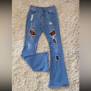 Leopard Patch Womens Mid Waist Jeans Distressed Ripped Skinny Jeans Light Blue